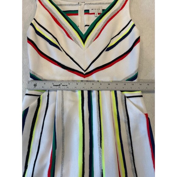 MILLY St. Tropez Allison Dress Sleeveless V-Neck Florescent Stripes Pockets 4 - Picture 8 of 9